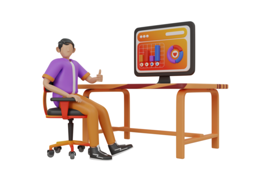 Cartoon Man Sitting at Desk with Computer Displaying Data Analysis in Transparent Background