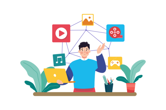 Cartoon Man with Laptop Surrounded by Icons in Transparent Background Flat Lay Style Illustration Design for Online Content Strategy