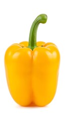 A yellow bell pepper with a green stem isolated on a white surface bright and vibrant color 96 char