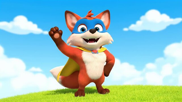 Friendly 3D animated superhero fox character with a mask and cape, standing on a grassy hill under a bright blue sky, waving cheerfully