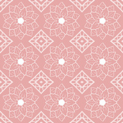 Geometric fabric pattern, geometric background with pink floral pattern, yellow flowers, pink heart shape, yellow flower stamens, flowers 