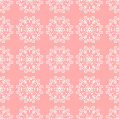 Geometric fabric pattern, geometric background with pink floral pattern, yellow flowers, pink heart shape, yellow flower stamens, flowers 