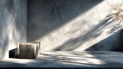 Minimal clean wall with sunlight shadow pattern, 80% blank space for furniture catalog layouts, interior mockups, home decor styling, modern design presentations, and aesthetic product display.