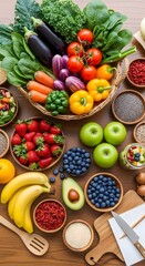 Assortment of fresh fruits vegetables and seeds displayed in wooden bowls and wicker basket on table
