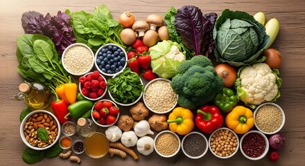 Assortment of fresh produce and healthy ingredients displayed on a wooden surface top view
