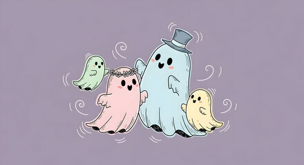 Obraz premium Whimsical family of cute ghosts dancing joyfully together on a purple background
