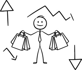 Happy person holding shopping bags with financial market trends.