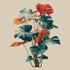 Stylized illustration of a vibrant tropical Monstera plant with colorful red, orange, and teal leaves on a light background.