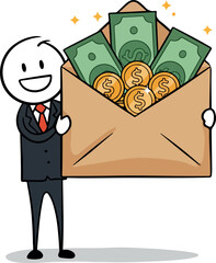Happy person holding a large envelope filled with money and coins.