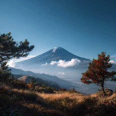 Iconic Mount Fuji with snow-capped peak and clouds above an autumn mountain landscape with trees and dry golden grass.