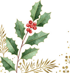 Holly branch with red berries and green leaves festive Christmas decoration.