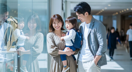 ショッピングモールで買い物をする親子