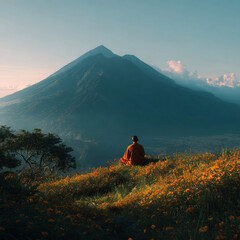 Buddhist monk meditates on a vibrant flower-covered hill, overlooking a majestic volcano and serene landscape during golden hour.