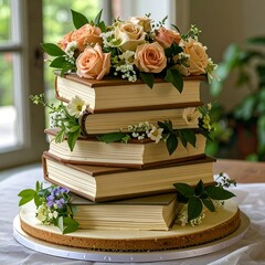 A tiered wedding cake shaped like stacked books, adorned with flowers
