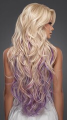 Naklejka premium Beautiful young woman displays long blonde wavy hair with artistic purple highlights in a studio setting posing against a neutral gray background.