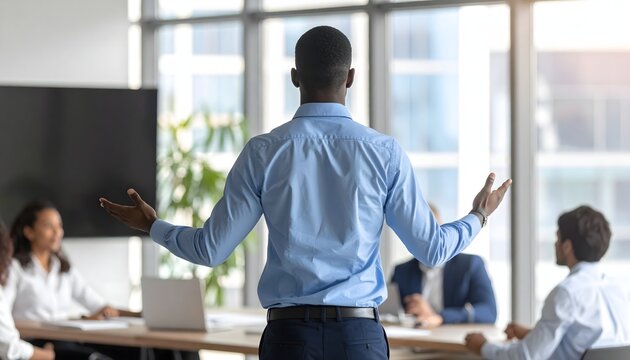 Speaker addressing audience in a modern conference room with colleagues listening attentively
