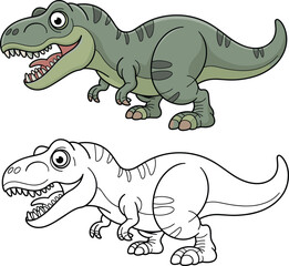Cartoon Tyrannosaurus rex illustration, green dinosaur character, coloring page template, kids educational artwork, prehistoric animal drawing, fun dino design