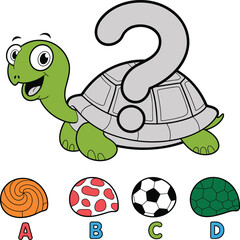 Cartoon turtle, shell puzzle, educational activity, vector art, kids learning, question mark, multiple choice, fun design, problem-solving, quiz illustration