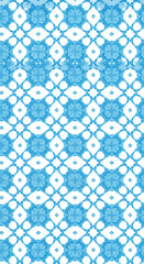 Intricate blue and white pattern with floral and geometric elements.