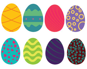 Easter eggs with ornament. Vintage collection. Retro Easter eggs set. Eggs with patterns of flowers, hearts.