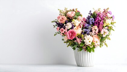A heart-shaped floral arrangement in a white vase