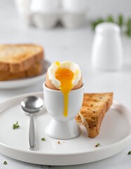 Soft-boiled egg in cup, yolk oozing, beside toasted bread