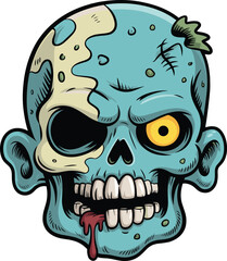 Cartoon zombie head, blue-green skin, yellow eye, open mouth, scary face, horror theme, vector art, Halloween design, undead skull
