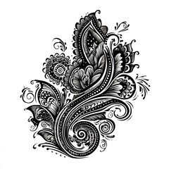 Intricate black and white traditional mehndi henna floral paisley pattern graphic