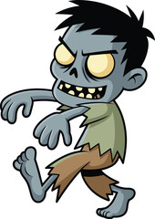 Cartoon zombie, blue-gray skin, glowing yellow eyes, spiky hair, scary face, vector art, Halloween theme, undead character, horror design, walking pose