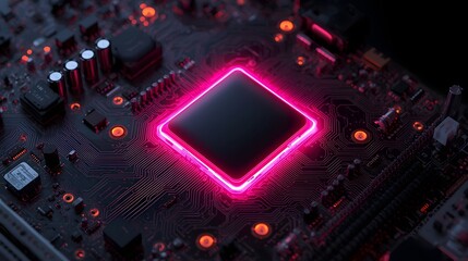 Fototapeta premium Futuristic close up of glowing microchip on dark motherboard surface with neon light effect, modern processor technology concept, artificial intelligence and high performance computing