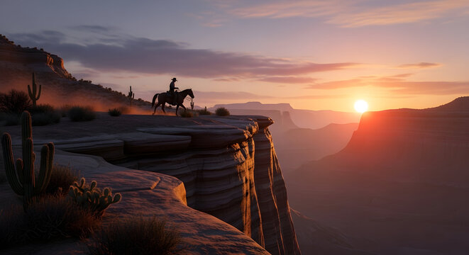 Lone rider pauses on a cliff edge overlooking a vast canyon at sunset, bathed in golden light.