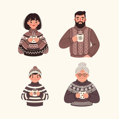 Illustration of a family of four wearing sweaters and holding mugs, possibly drinking hot beverages.