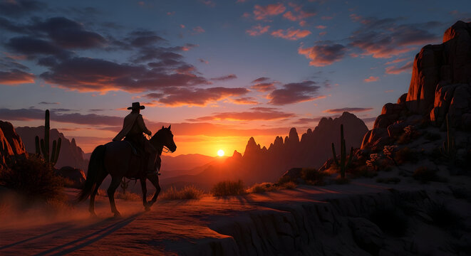Lone cowboy rides horse at sunset across dusty desert landscape