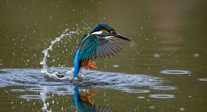 Vibrant kingfisher splashes into water during a hunt, wings spread wide.