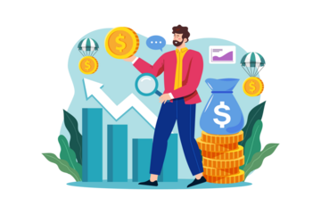 Cartoon Man Analyzing Financial Growth Chart with Magnifying Glass and Currency Sack on Transparent Background