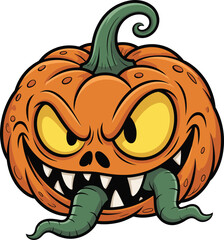 Evil pumpkin cartoon, Halloween jack-o'-lantern, scary face illustration, monster vegetable art, glowing eyes, sharp teeth, spooky vector, stock image