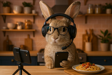 Rabbit Chef in Kitchen: A stylish rabbit, complete with glasses and a headset, enthusiastically vlogs and engages with his audience, creating a charming visual narrative.