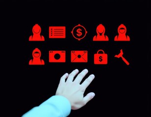 Cyberattack warning concept featuring a hand reaching toward digital red alert icons symbolizing system hacks data breaches financial threats and identity theft in a highrisk tech space ui interface u