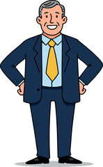 Obraz premium Smiling businessman in a navy suit with a yellow tie stands confidently.