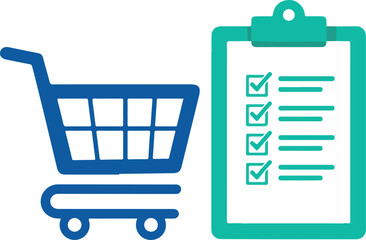Shopping cart and checklist represent purchase planning and organization.