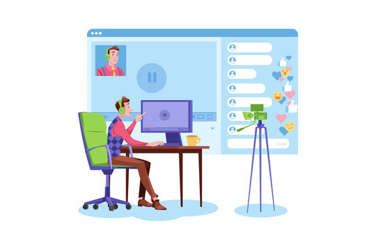 Cartoon Man in Green Headset Interacting with Computer on Transparent Backdrop with Social Media Panel in Light Blue