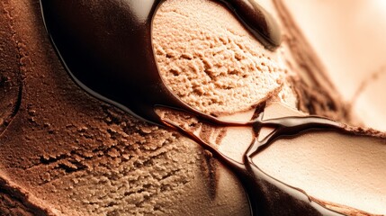 Macro Shot of Decadent Chocolate Ice Cream with Glossy Fudge Sauce, Cinematic Food Photography