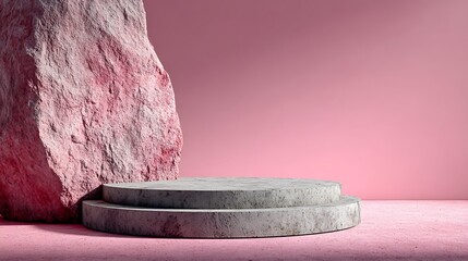 Small geometric stone podium at bottom with clean surface under soft pink gradient background, leaving 80 percent blank space ideal for cosmetic product display and beauty campaign mockup.