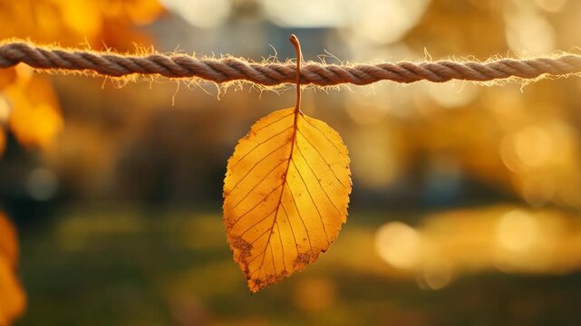 Autumn leaf hanging on rope in golden sunlight

