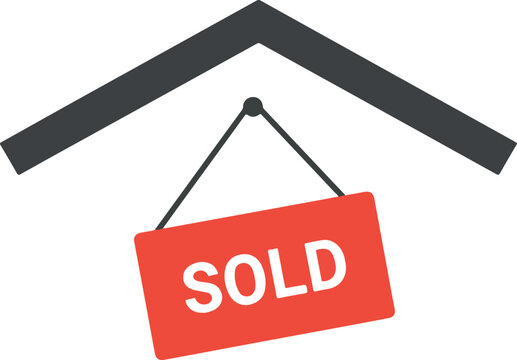 Sold sign hanging under a house roof real estate concept property sold.