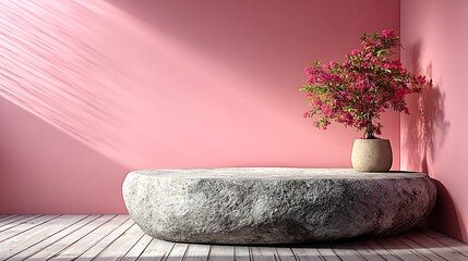 Bottom aligned geometric stone platform with small empty surface, soft pink gradient backdrop, offering large blank area for beauty cosmetic product presentation and elegant minimal campaign design.