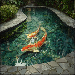 Two Vibrant Koi Fish Gracefully Swimming in a Serene Garden Pond with Lush Green Plants and Stone Paving