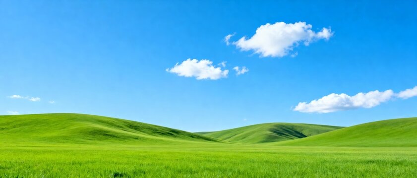 Green grassy hills under blue sky
