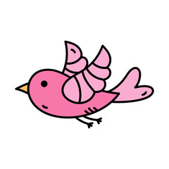 Pink Bird Illustration with Black Outline on Transparent Background Cute Doodle Flying Bird with Yellow Beak and Detailed Wing Design