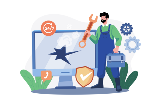 Computer Repair Service Illustration with Technician and Equipment on Transparent Background